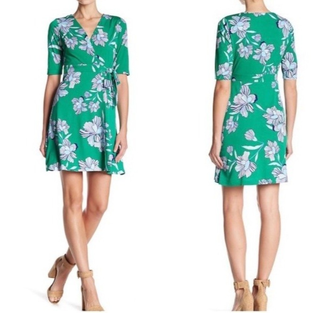 Vince Camuto Womens Green Floral Tropical Lightweight Stretch Wrap Mini Dress 12